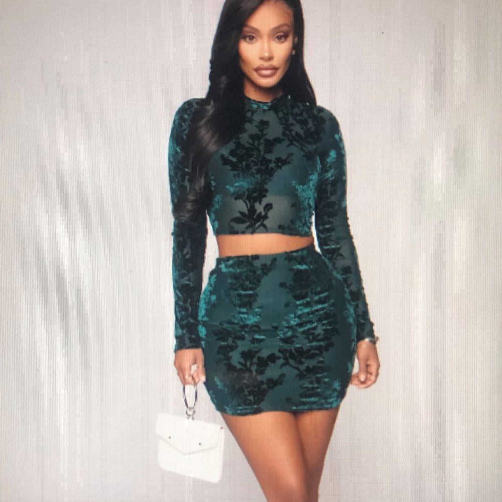 Fashion Nova Teal Velvet Two-Piece